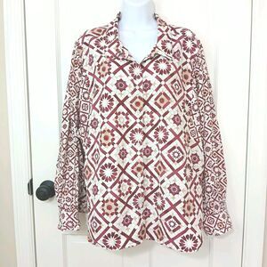 Chico's Button Down Shirt Women's 4R 20R Geometric Print Tencel Linen Blend Boho